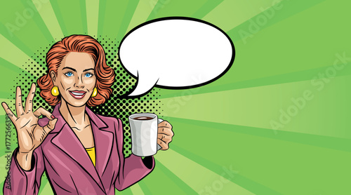 Young woman in pop art style with a cup of coffee and showing OK. Vector illustration in pop art style.