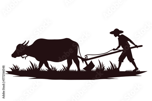Silhouette depicts an Asian farmer plowing the field with an ox, symbolizing traditional agriculture