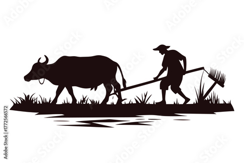 Silhouette depicts farmer and bullock working together in grassy field, agriculture concept