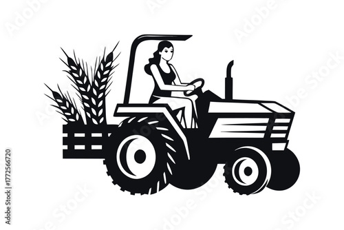 Woman driving black tractor carrying wheat, showcasing agriculture and farming techniques
