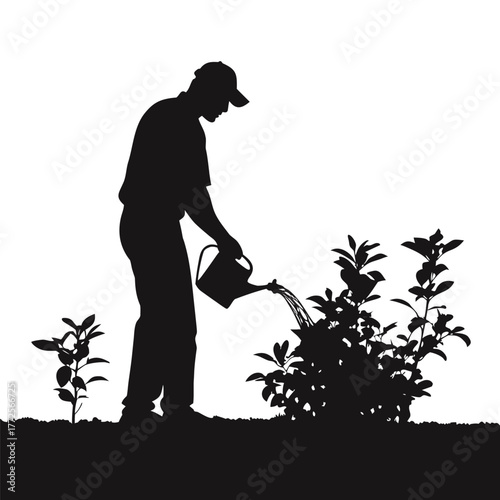 Man wearing a cap is depicted watering plants in silhouette on white background