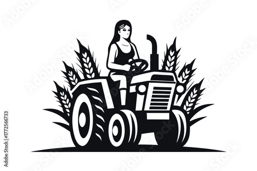 Black and white logo depicts a woman driving a tractor among wheat fields