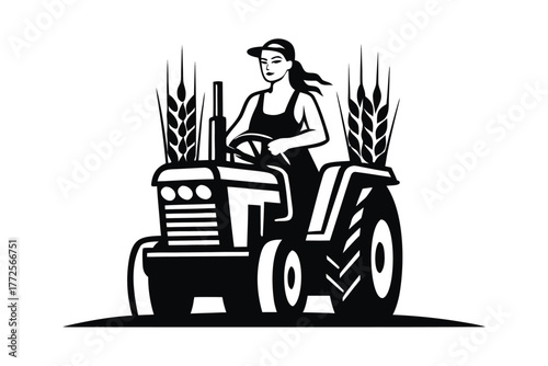 Woman farmer drives a vintage tractor with wheat ears in monochrome style