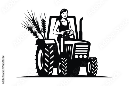 Smiling Hispanic woman drives black tractor, carrying harvest of wheat, in monochrome