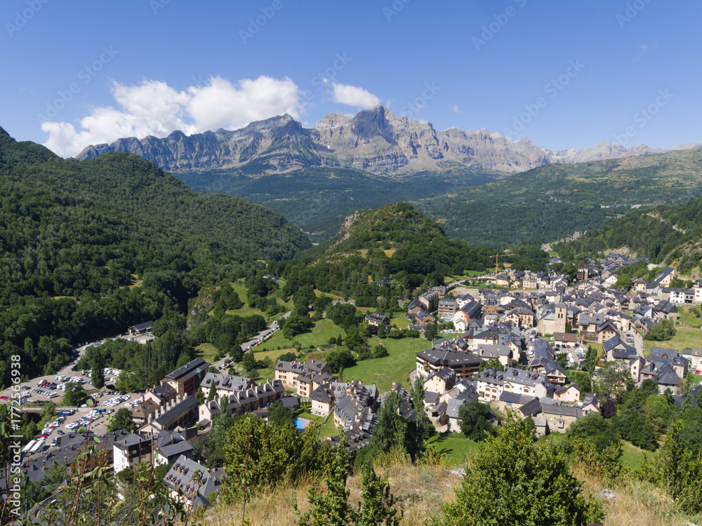 Fototapeta premium Scenic, modern village for summer and winter activities on the Pyrenees mountain range