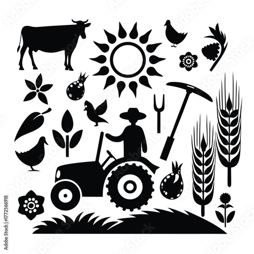 Black silhouette shows rural of farmer, livestock, sun, crops, and tractor