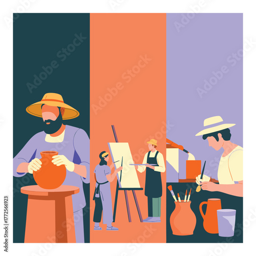 Artists creating pottery and painting in a stylized flat design craft