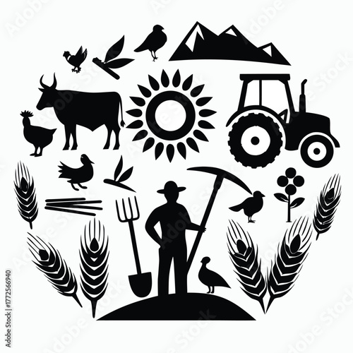 Monochrome design presents a silhouette farmer amongst tractor, mountain, sun, wheat, and diverse animal life