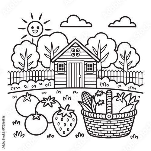 Black and white illustration of a garden shed with vegetables and fruit under a smiling sun
