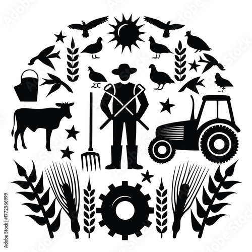 Silhouette farmer poses with farm animals, tractor, sun, plants, and harvest tools