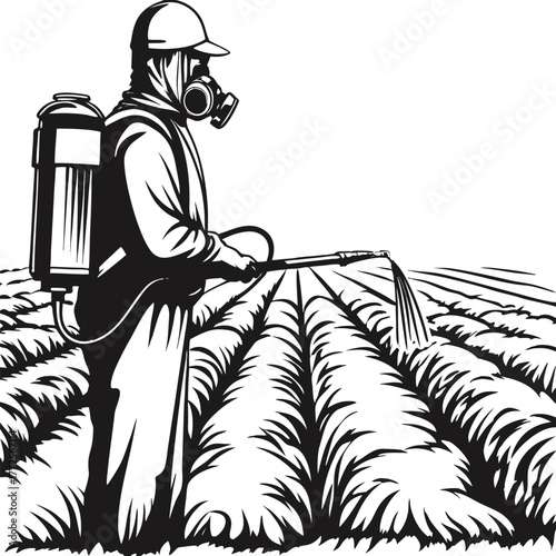 Monochrome worker wearing a gas mask is spraying pesticide onto field crops, isolated illustration