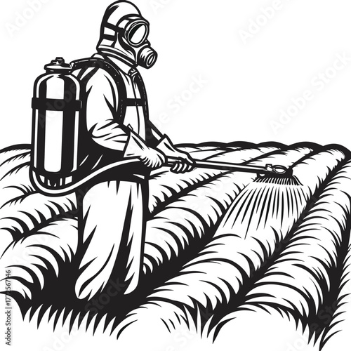Worker in hazmat suit sprays crops with insecticide for plant disease and pest control