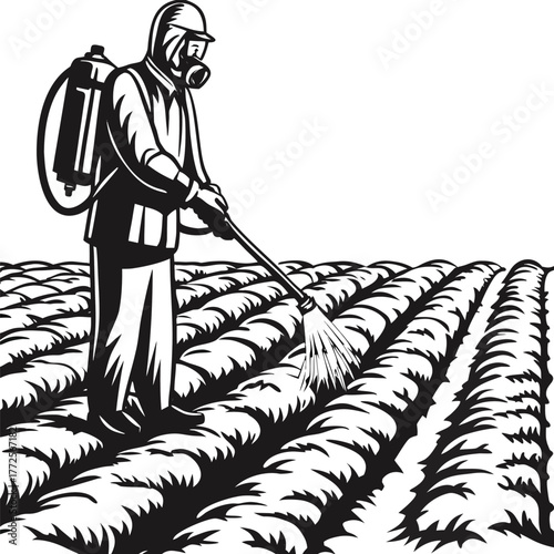 Silhouette person in protective suit sprays plants in monochrome agricultural field, ensuring crop wellbeing