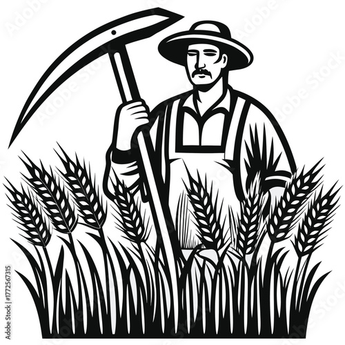 Moustached farmer in overalls stands in wheat field holding a scythe above