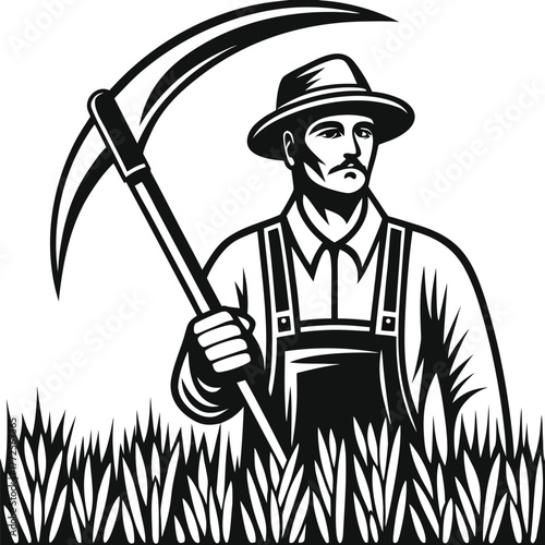 Isolated monochrome farmer with scythe standing in the grass looks forward determinedly at his farm