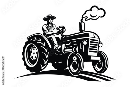 Farmer is cheerfully driving a vintage tractor while smoke comes out of the engine