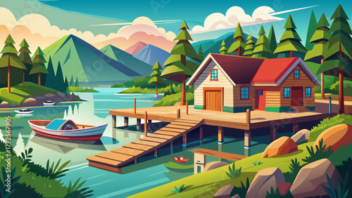 Very beautiful view of a small dock at a home in the rural community of Newman Lake, Washington, USA, with neighboring waterfront homes, boat slips, and calm lake waters surrounded by lush greenery.