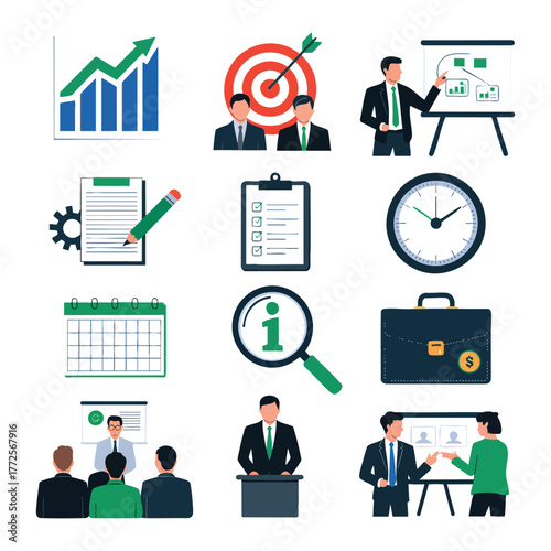 Business icons showing growth target checklist clock briefcase and presentations chart