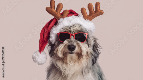 A fluffy dog wears a Santa hat with antlers and sunglasses ready for holiday fun.