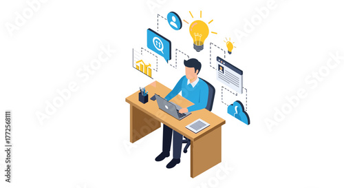 Focused professional brainstorming creative ideas and analyzing data on laptop at modern desk with digital icons representing innovation and success