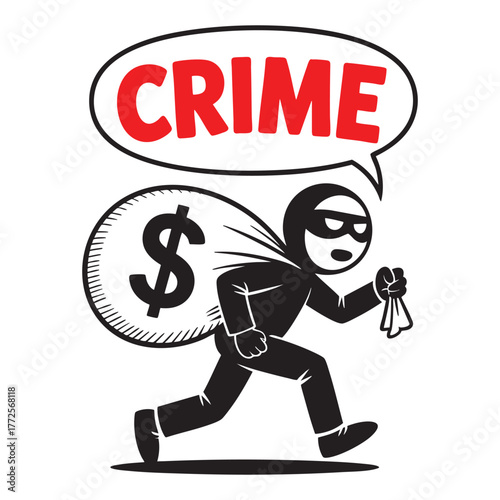 Cartoon thief wearing mask carrying money bag and speaking crime word burglar robber