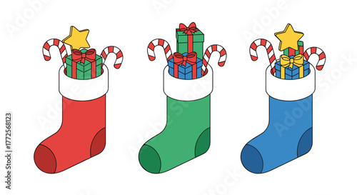Festive Christmas stockings overflowing with gifts, candy canes, and stars create a joyful holiday celebration scene