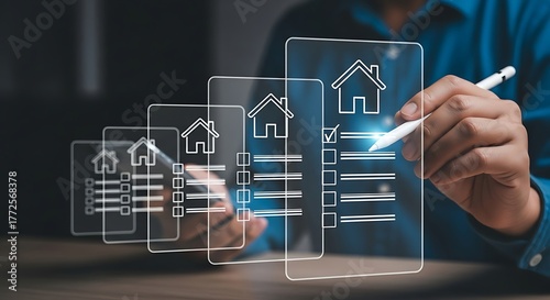 Real estate property inspection checklist on virtual screen with house icon