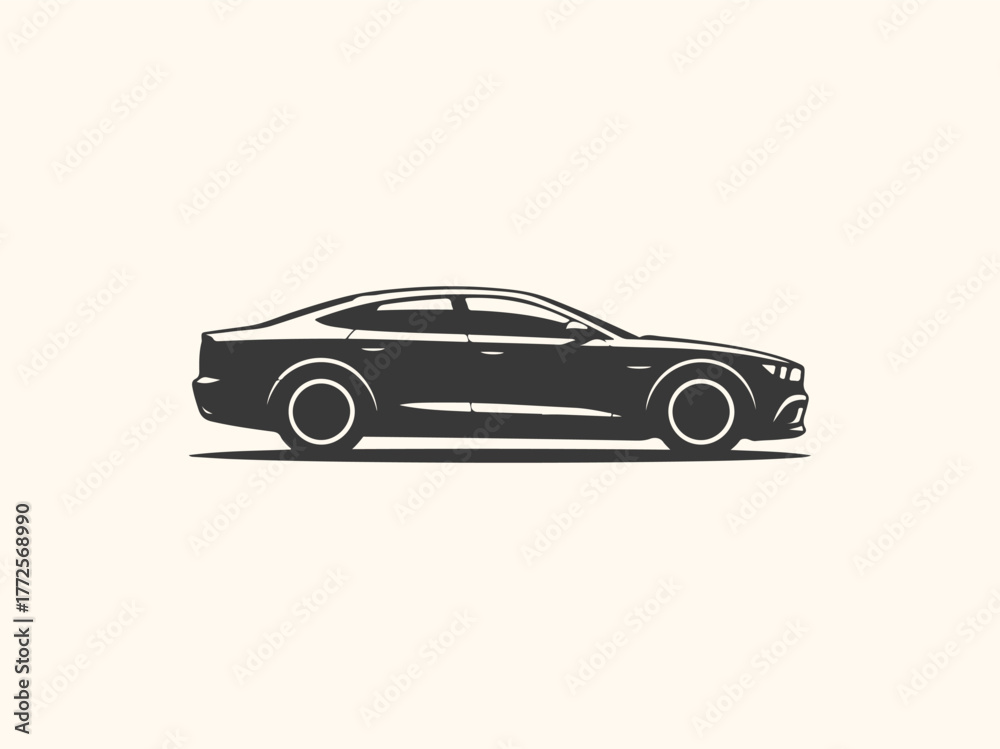 Obraz premium A sleek, modern black sedan car silhouette, viewed from the side, isolated on a light cream background, representing automotive design and luxury