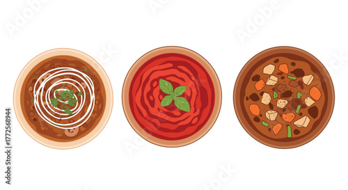 Three delicious, vibrant bowls of steaming hearty soup and stew presented beautifully from a top-down perspective