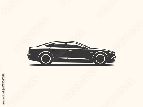 A sleek, modern black sedan car silhouette, viewed from the side, isolated on a light cream background, representing automotive design and luxury