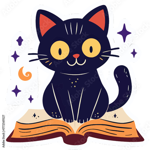Mystical Witchy Black Cat Sticker with Glowing Crescent Eyes | Cute Magical Cat Sitting on Open Spellbook | Dreamy Ethereal Black Cat with Floating Symbols | Witchcraft Inspired Cat Sticker in Purple 
