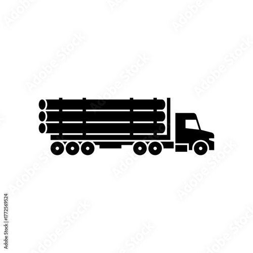 truck with logging trailer glyph icon. logging truck solid black illustration.