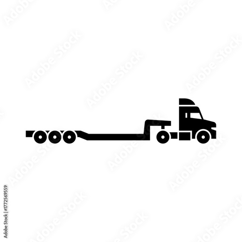 truck with lowboy trailer glyph icon. lowboy truck black line illustration.