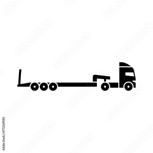 truck with flatbed trailer glyph icon. flatbed truck solid black illustration.