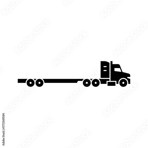 truck with flatbed trailer glyph icon. flatbed truck solid black illustration.