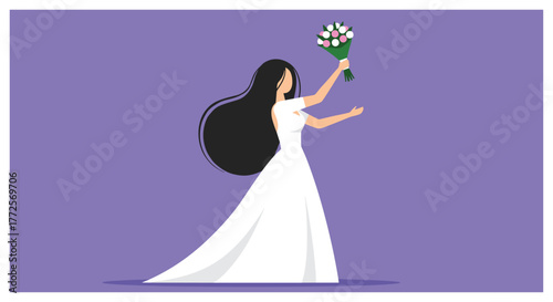 Joyful bride tossing bouquet in elegant white gown, celebrating wedding bliss with vibrant flowers