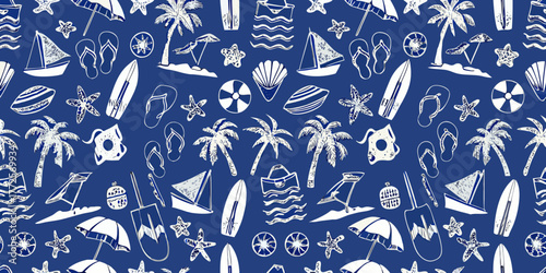 Seamless pattern of white hand drawn summer beach vacation icons on a dark blue background