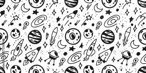 Whimsical hand drawn space pattern featuring planets rockets stars moons and galaxies