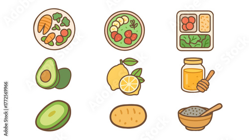 Healthy Food and Natural Ingredients Icons Set. avocado, lemon, honey, chia seeds, vegetables, and salads. Great for nutrition, wellness, and organic lifestyle designs.