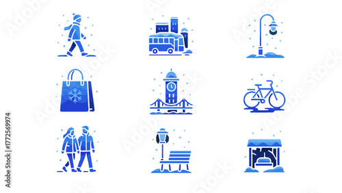 Winter City Life and Outdoor Activities Icons. walking in the snow, public transport, cityscape, and winter lifestyle elements.