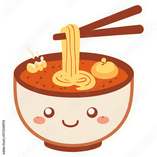 Cute Chibi Ramen Bowl Sticker with Smiling Face | Kawaii Ramen with Steaming Broth and Animated Chopsticks | Adorable Tiny Noodle Bowl in Pastel Warm Colors | Hand Drawn Kawaii Food Sticker with Cute 