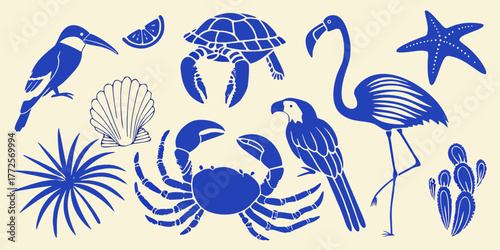 Collection of blue tropical and marine life silhouettes on a cream background