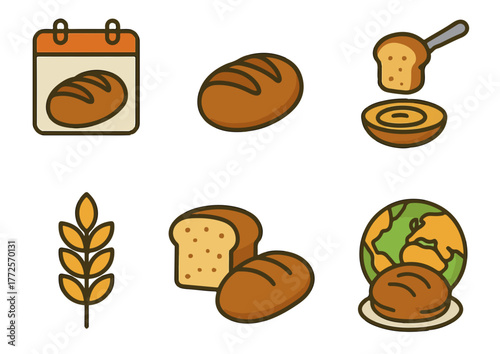 World Bread Day Celebration Icons. celebrating World Bread Day with loaf bread, wheat, and the Earth symbol. Perfect for bakery, food awareness, and nutrition-themed designs.