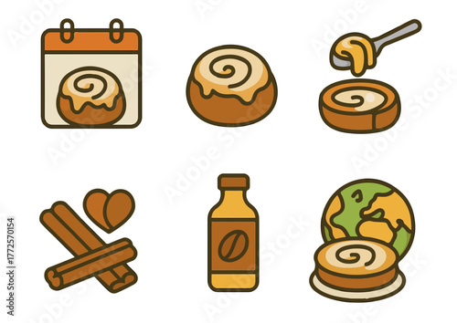 World Cinnamon Roll Day and Pastry Icons Set. celebrating World Cinnamon Roll Day, featuring sweet rolls, cinnamon sticks, coffee bottle, and global pastry theme. Great for dessert and bakery design.