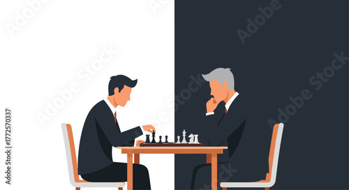 Strategic businessmen engage in intense chess match symbolizing competition and intellectual prowess in a modern setting