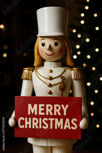 Nutcracker female soldier decoration holding a red merry christmas sign, with blurred festive lights in background