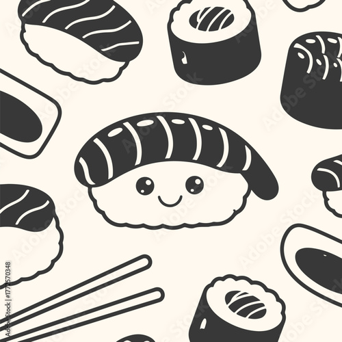 Cute cartoon sushi pattern with chopsticks on a cream background, kawaii food illustration