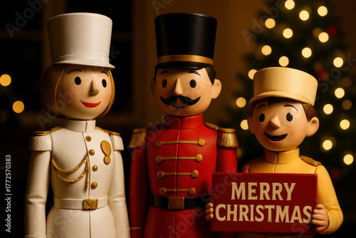 Three festive nutcracker soldiers standing with a red merry christmas sign against bokeh lights