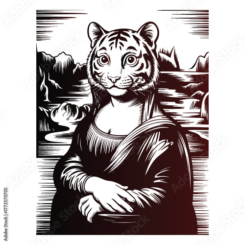 Tiger Mona Lisa portrait in woodcut style with landscape background parody funny