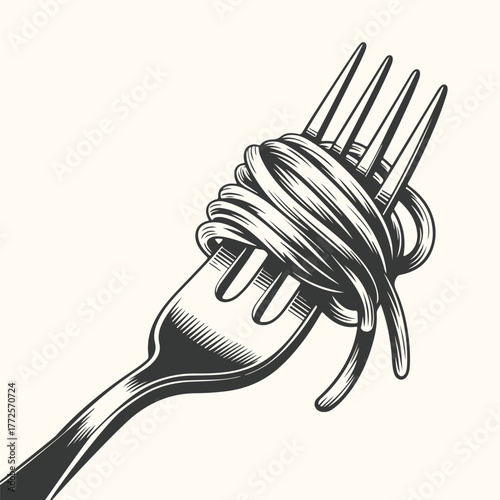 A closeup illustration of spaghetti wrapped around a fork, presented in a vintage, engraved style
